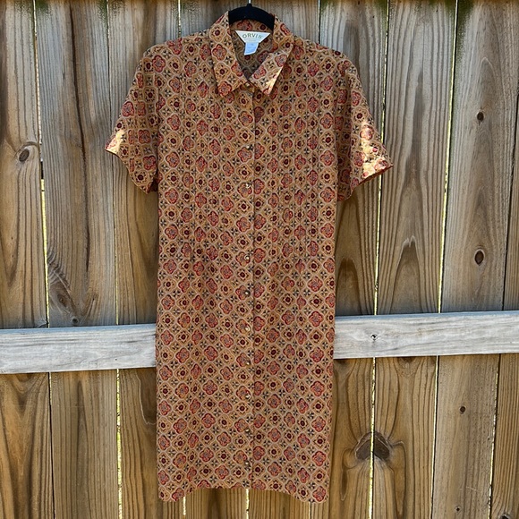 Vintage Orvis Geometric Pattern Button Up Belted Shirt Dress - Picture 1 of 6